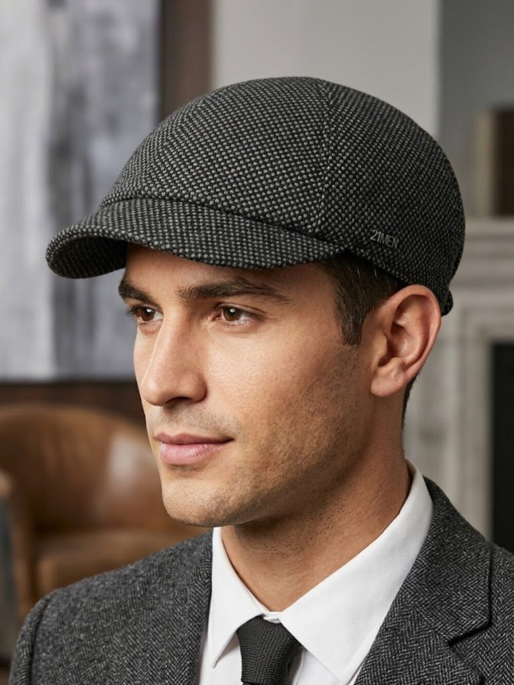 Forever 21 21MEN Grey Micro-Plaid Tweed Ivy Driver Flat Cap - One Size NEW